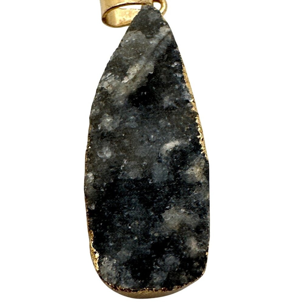 Natural Black Druzy Gemstone Pendant 10k Gold Trim Earthy - Picture 3 of 7